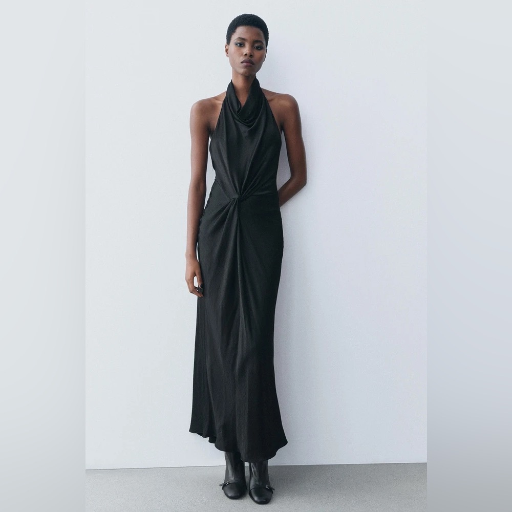 NWT Zara ZW Black Halter Satin Maxi Dress XS Limited Edition Backless Sleeveless